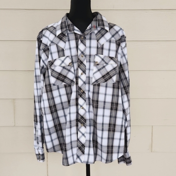 WRANGLER Western Snap Shirt Grey Plaid with Top Stitching (XL) - Picture 4 of 12